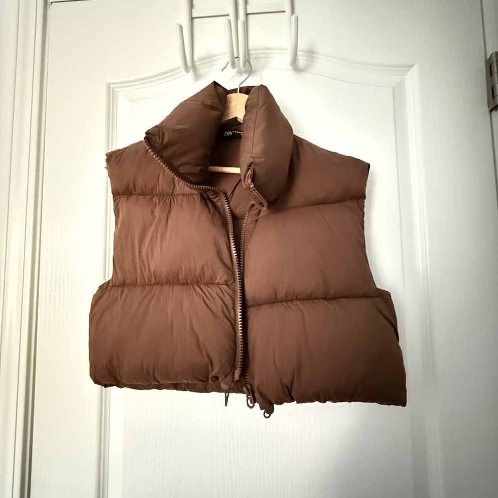 Zara Brown Quilted Puffer Vest with Prominent Collar